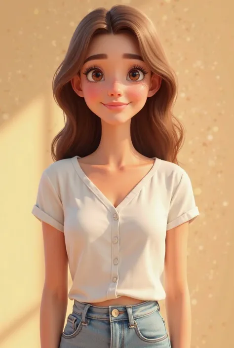 30-year-old woman with fair skin ,smooth light brown hair , brown eyes , dressed in a white blouse and Pixar-style denim jeans 