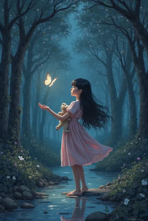 A forest at night with a river with a girl with black hair and blue eyes in a pink dress looking at a butterfly hugging a stuffed animal 
