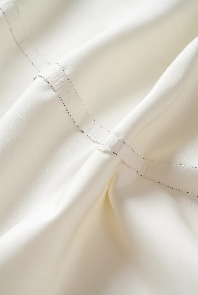 Close-up in high resolution showing an impeccable stitching, joining two pieces of satin fabric touch of silk in the color off-white. The stitching is wrinkle-free evidences the precision and quality of the craftsmanship, the stitching is in a straight lin...