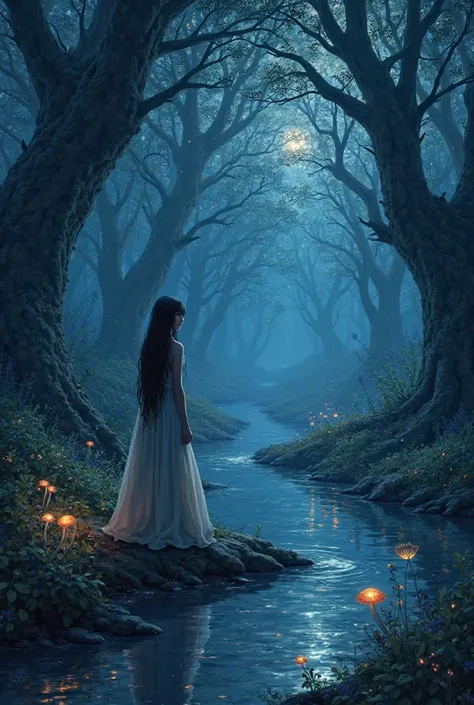 A forest at night with a river with a  with black hair and blue eyes 