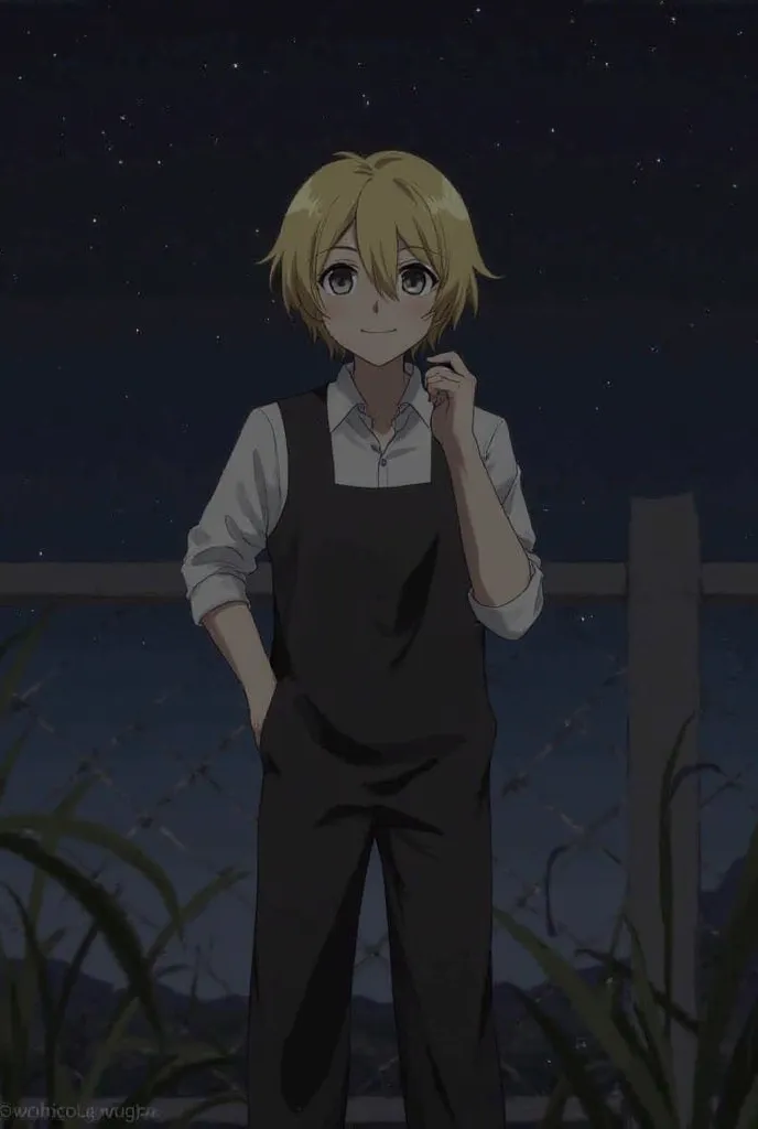  result_9,  result_8_higher,  result_7_higher, source_anime , 1 boy , Alone, Curapica_hxh,  blonde hair ,  gray eyes ,   short hair ,  Bangz , hair between eyes, مملكة Alone القرن,Cowboy Shooting,outdoor sundress,dark,Night,Qamar, Black jumpsuit, smiling f...