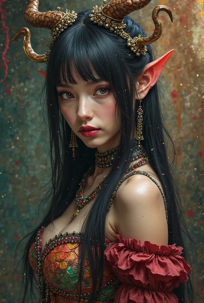 A pretty demon woman with long straight hair and pointed ears, beautiful and colorful costumes and accessories 