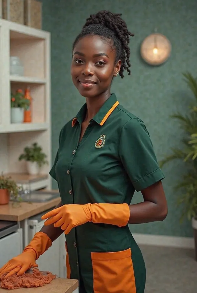 Generate an ultra-realistic image of a black African domestic woman wearing a dark green uniform with orange details, performing cleaning tasks in a minimalist space. Your posture transmits dignity and professionalism. The composition of the image must inc...