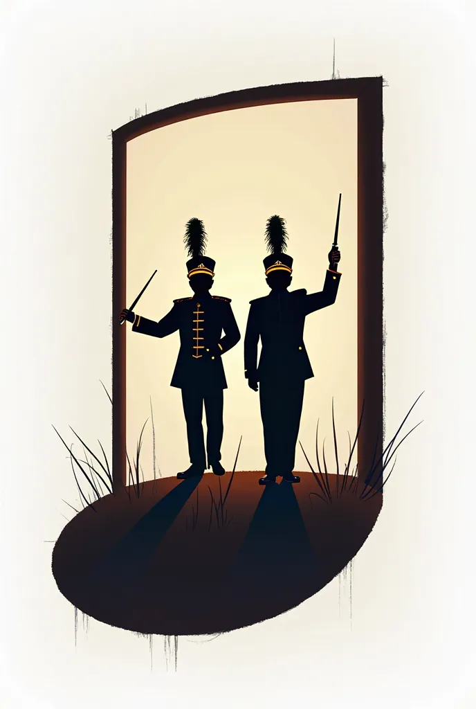 Two drum majors in a silhouette of their backs inside a logo-type musical note frame 