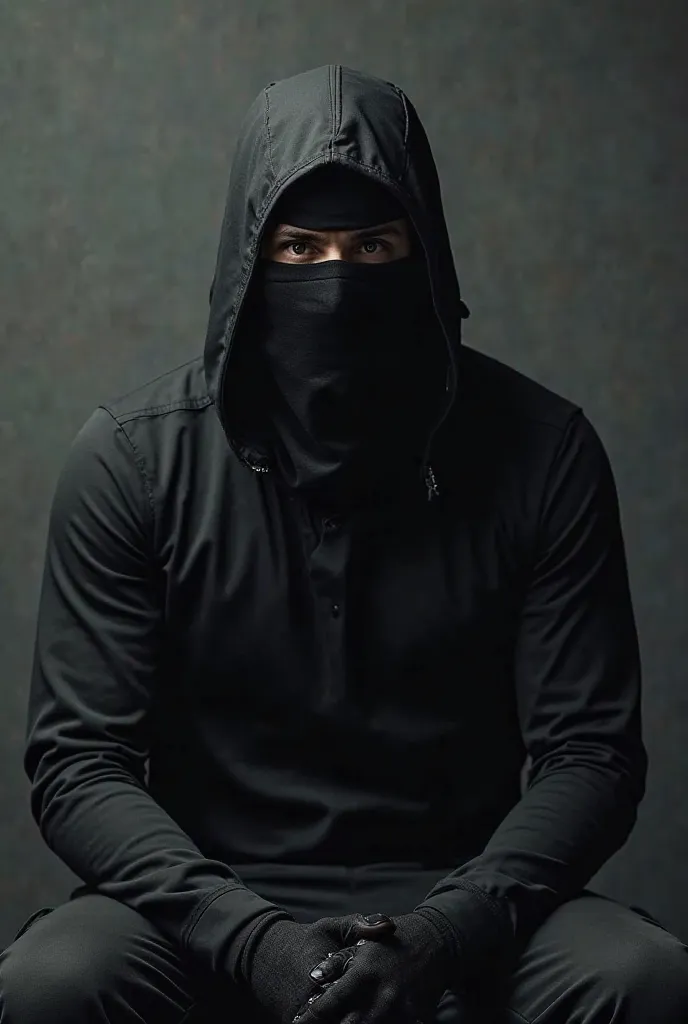 man dressed in black, with black balaclava, sitting with your back