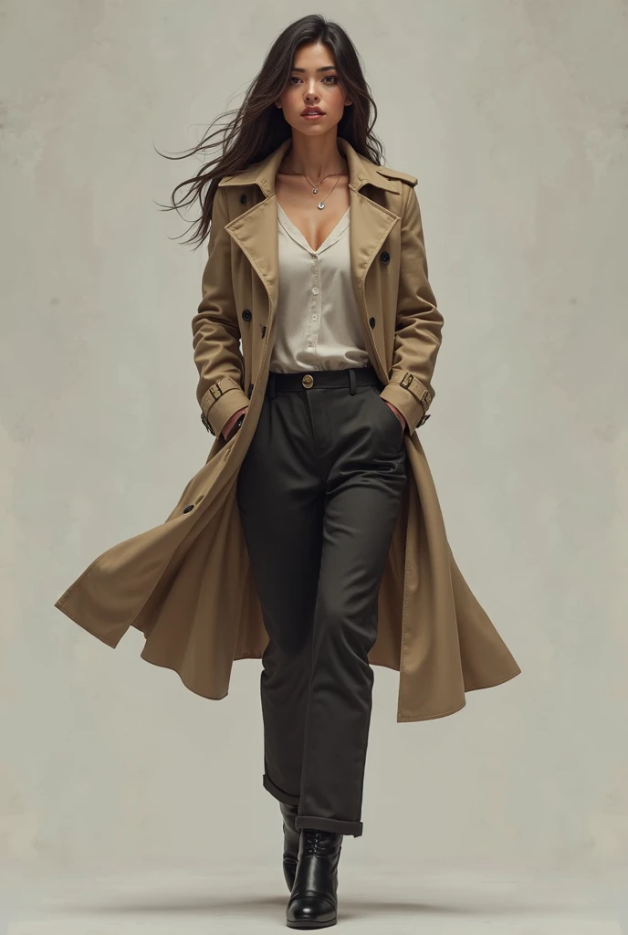 image of a woman wearing trench coat and pants,  Realistic character concept,  Realistic character concept art, full-length portrait, un Realistic character concept, full size character portrait,  female protagonist,  Charlie Boweter-style art , full heigh...