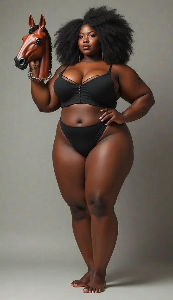 A black BBW holding her horse dildo In her left hand 