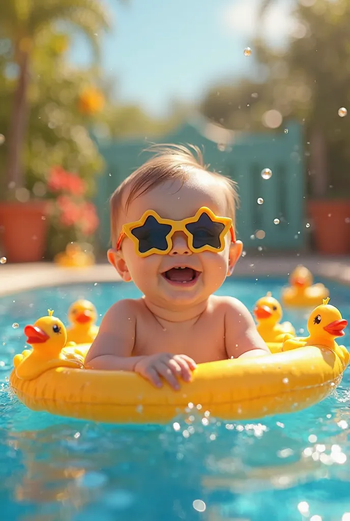 A baby wearing star-shaped sunglasses, sitting in a tiny inflatable pool with bright rubber duckies floating around, laughing as they splash water everywhere.