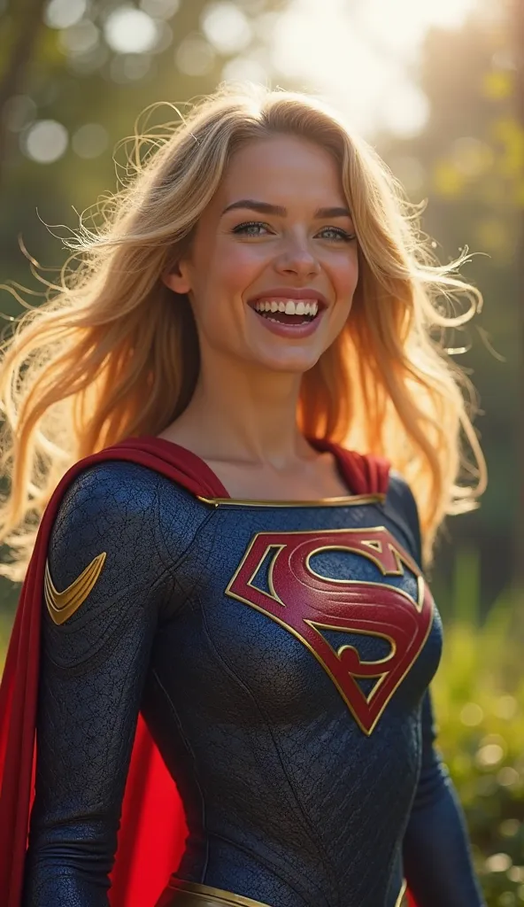 "A hyper-realistic 3D-rendered scene of Supergirl standing in a lush garden, her blue eyes sparkling with excitement and her face lit up with a wide, enthusiastic smile. Her mouth is open slightly as if she's exclaiming in joy, and her expression is filled...