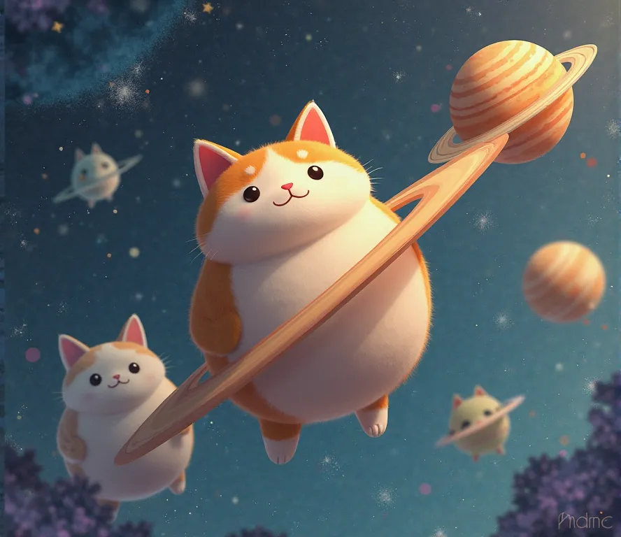 A portrayed image of different very cute looking planet sized chunky obese cats that are all the planets in Earth’s solar system. Setting: in space, celestial ambiance