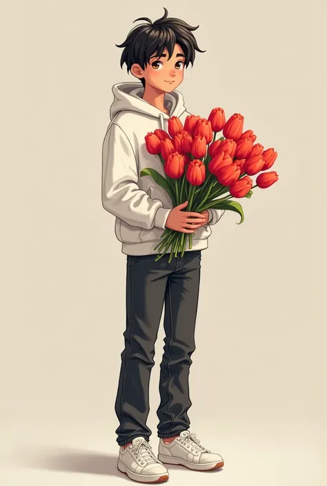 Create a guy with black hair, with brown eyes in a white hoodie, black straight jeans in white sneakers and in your hands a huge bouquet of red tulips in the kawaii style 