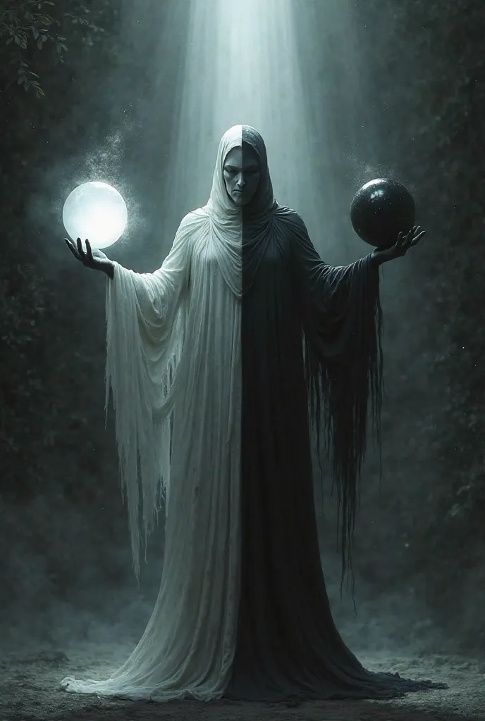 A shadowy individual with half of his body white and half of his body black holding a white sphere and a black sphere standing in a light ray raising his arms 