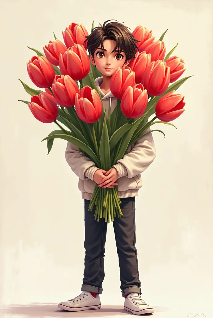 Create a man with black hair, with brown eyes in a white hoodie, black straight jeans in white sneakers and in your hands a huge bouquet of red tulips in the kawaii style 