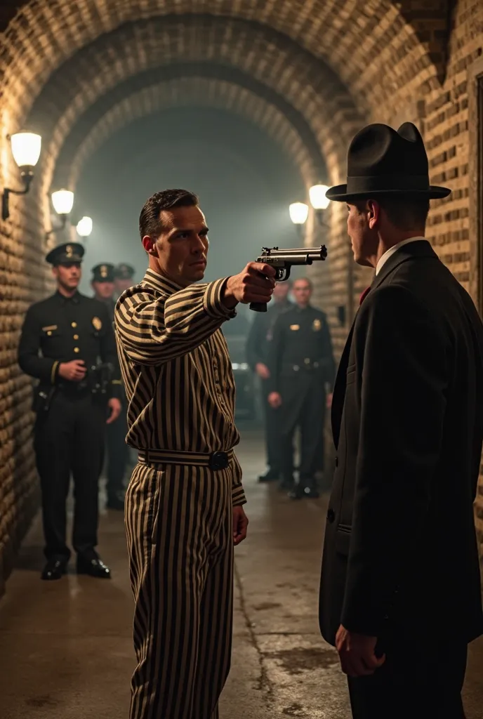 "A dramatic escape scene set in 1933 inside the Crown Point prison. John Dillinger, wearing a classic striped prison uniform, points a wooden gun at a guard. The old stone walls and dim lighting create a tense atmosphere. In the background, officers in 193...