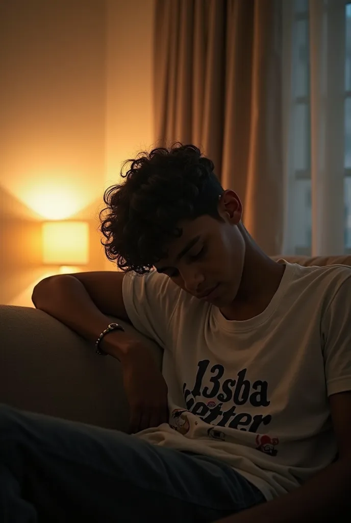 A very dark Moroccan boy of 20 with short curly hair depressed in a t-shirt that says “l3sba better” sitting on the sofa at home resting his head on his arms because he is about to cry and there is a normal lamp next door giving a subtle but low lighting t...