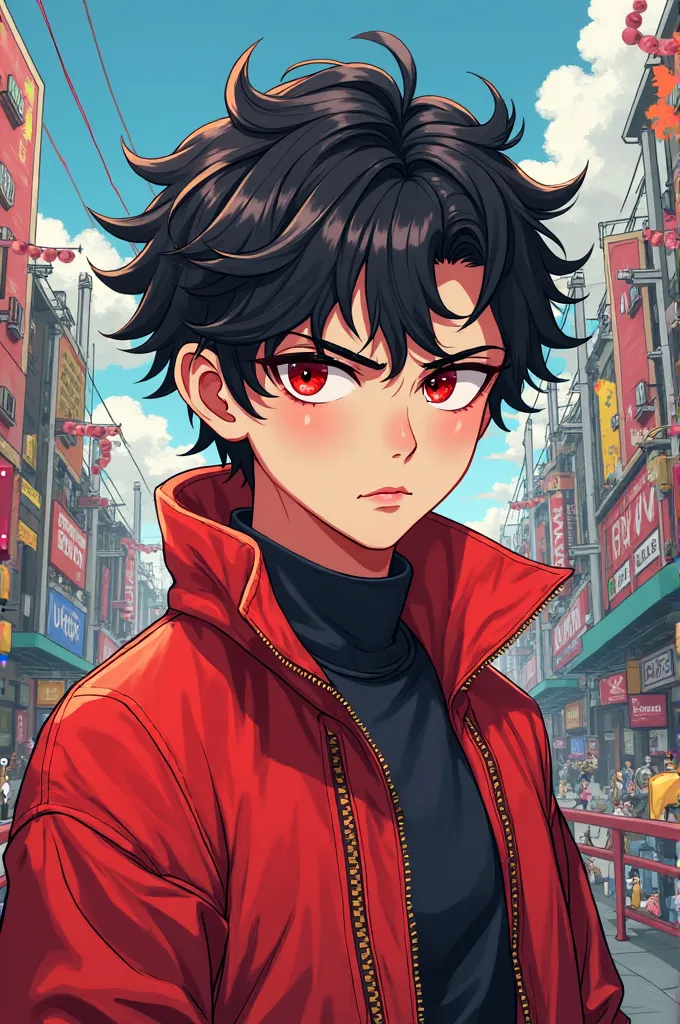 Create a 21-year-old boy, white skin, red eyes, ears black hair with red highlights.  wearing a red jacket. Marvel comic cartoon style