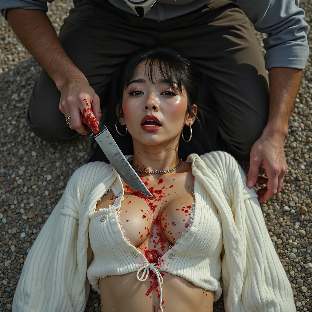 Gorgeous asian woman, with ponytail & short bangs, hoop earrings, choker, huge oversized breasts that have large red liquid circle tips with tiny crop top white ribbed knit button down sweater that's been completely unbuttoned & ripped open. She is lying o...