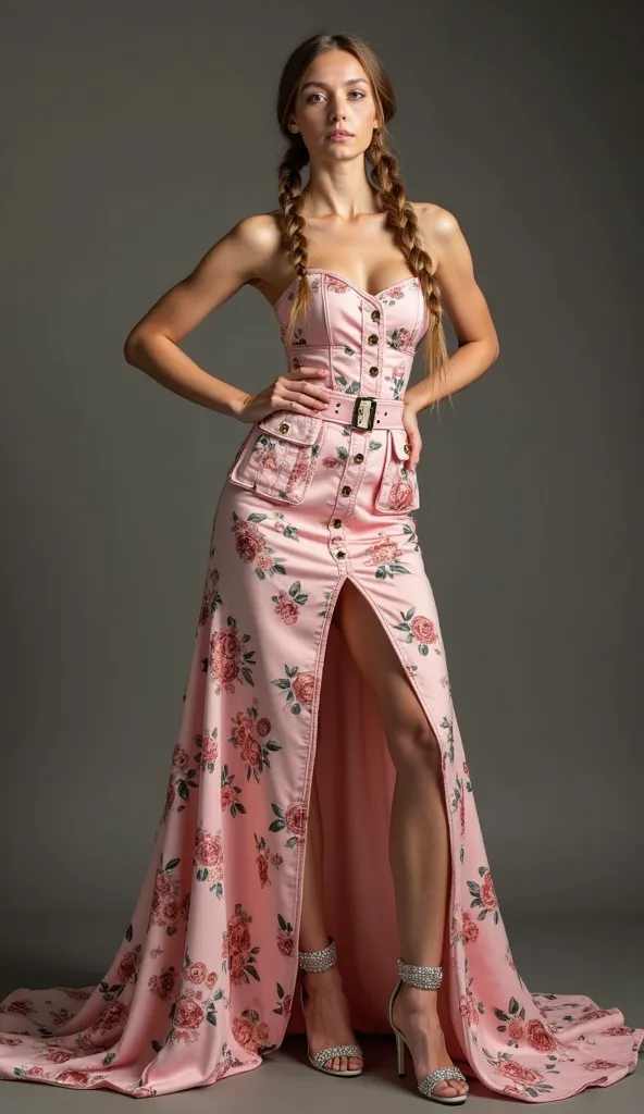 Create a realistic image of a  Swedish model dressed in a stunning light Cesca Floral Ruched High-Low Corset Dress in Warm Pink


. The model should be posing in 'The Sultry Siren' pose, where she stands with her feet shoulder-width apart and her weight ev...