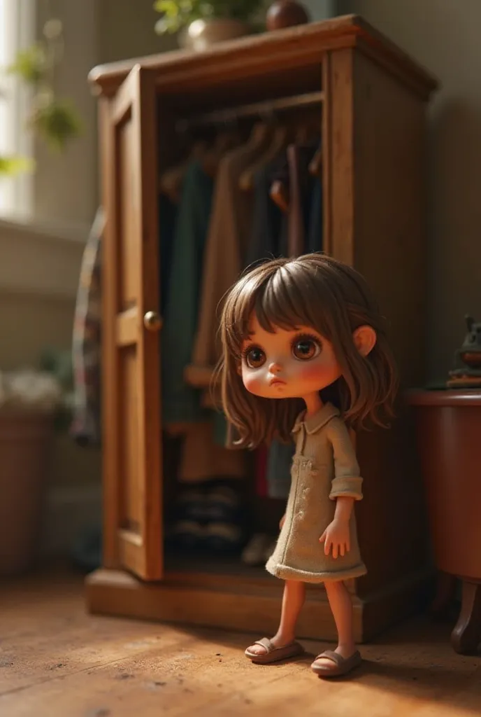 "A tiny, confused female figure with big, expressive eyes, standing in front of a small, nearly empty wardrobe. She looks disappointed as she rummages through the clothes. The scene is cozy and warm, with soft lighting emphasizing her thoughtful expression...