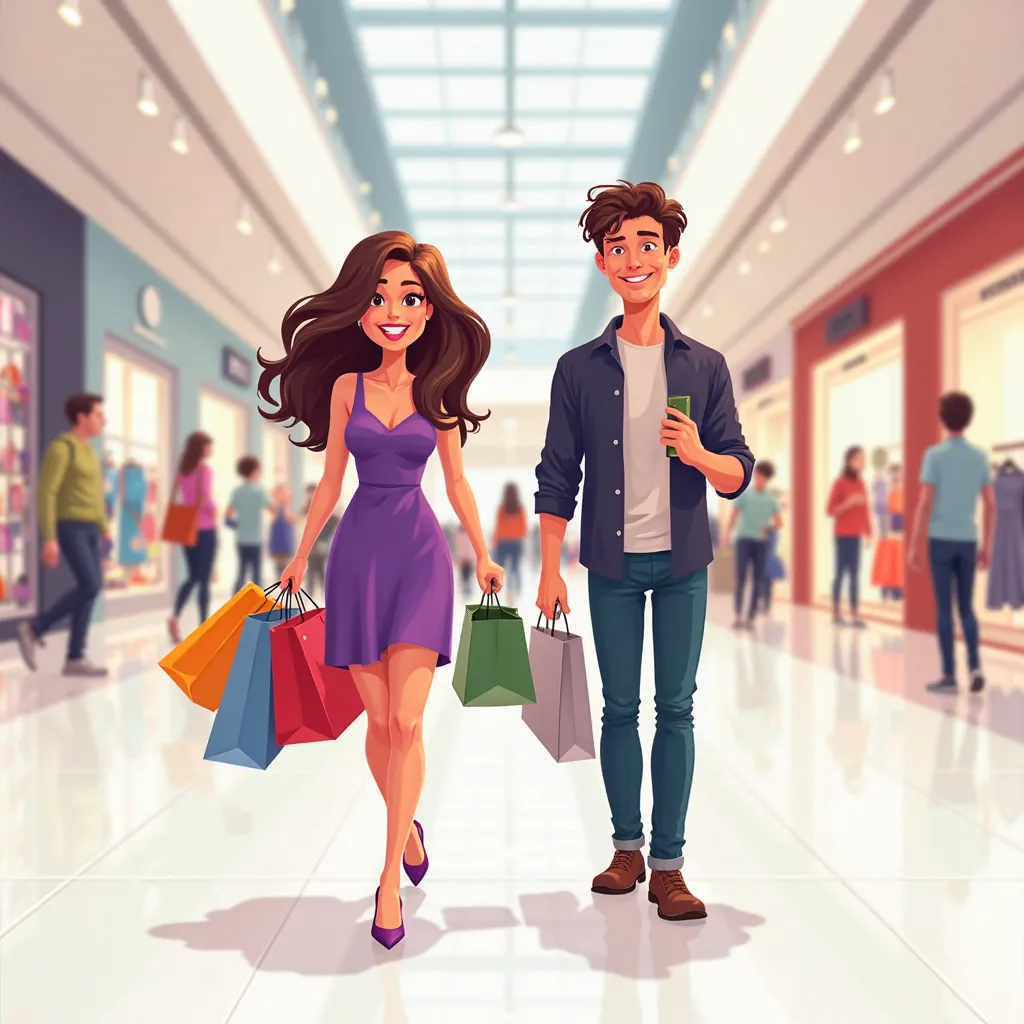 **Toon Boom Prompt:**  

A **beautiful 27-year-old woman** with **wavy hair**, wearing a **purple dress**, walks through a **modern shopping mall** with a **handsome young man** beside her. She carries **several colorful shopping bags**, and her expression...