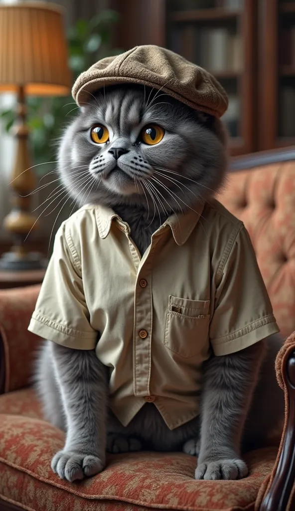 image rich in detail and ultra realistic quality of a gray cat in the living room, Does he wear clothes and cap, the color of the image is clear and sharp 