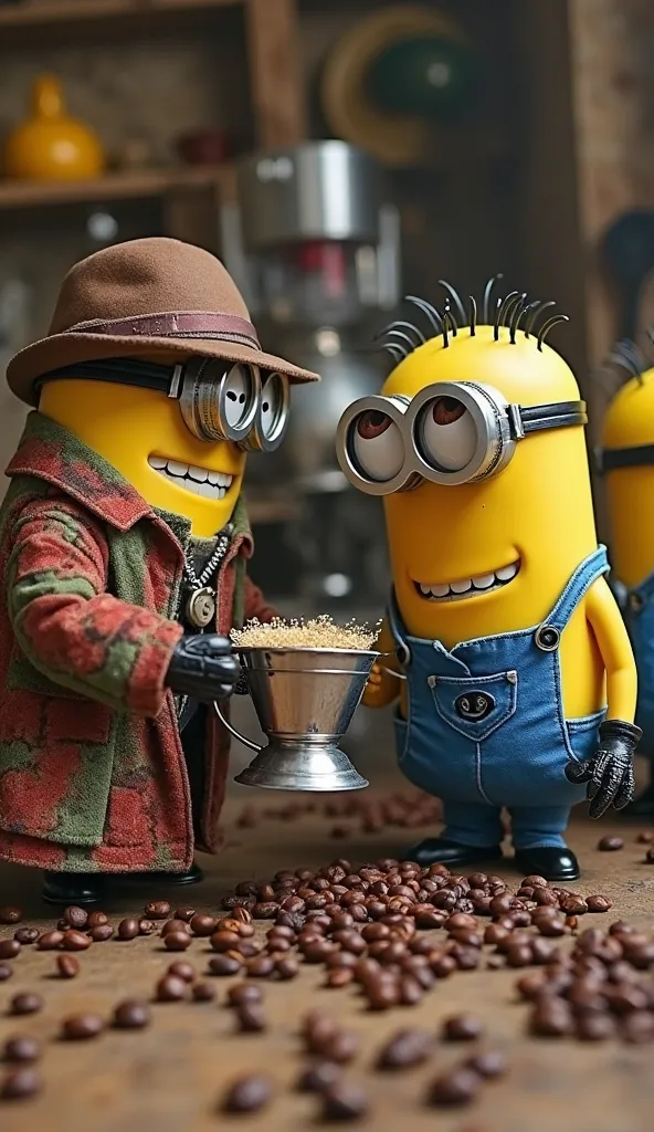 Imagine an extravagant scene in a setting from a real horror movie: Where three Minions in miniatures, dressed in eccentric clothing, converging around a coffee pot.  Right , The first Minion, with a coat with faded red and green stripes and a well-worn br...