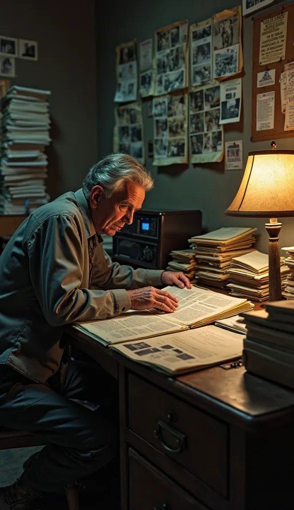 A dimly lit police archive room, filled with dusty case files and faded crime scene photos pinned to a corkboard. A detective, now older and weary, flips through yellowed reports of Judith Brown's murder, his furrowed brow showing years of frustration. Sta...