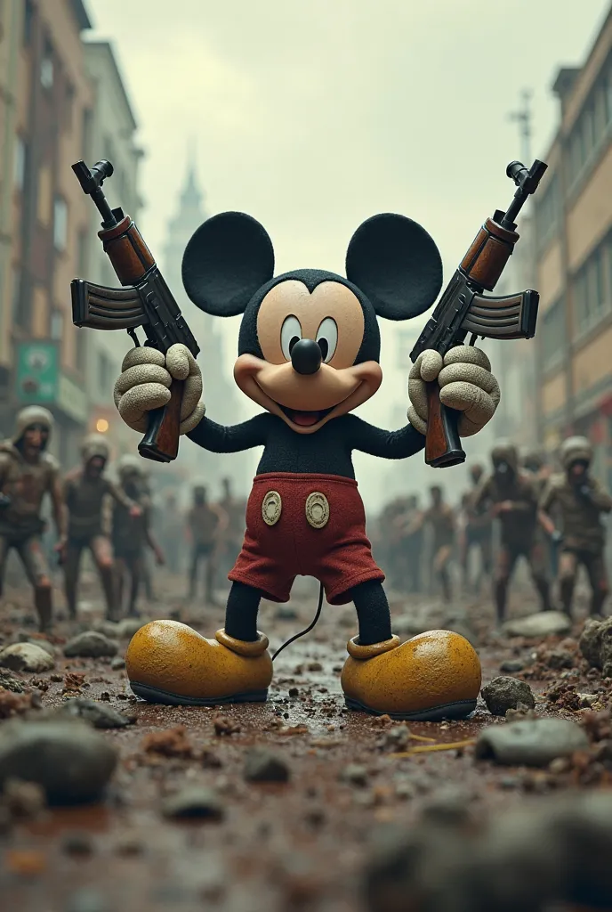 Mickey holding 2 Ak47s in a post-apocalyptic world infested by zombies, high resolution, high level of detail