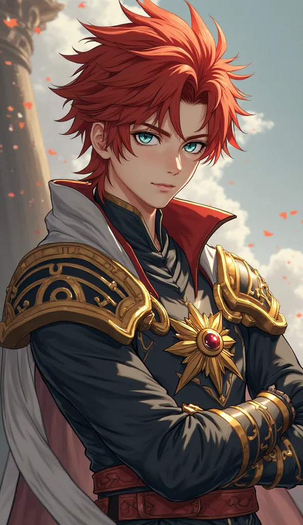 

"Kai is a young prince with fiery red hair, slightly unkempt yet full of energy, reflecting his rebellious nature. His striking light blue eyes, almost icy in color, shine with determination and defiance. His lean, athletic build is a testament to his re...