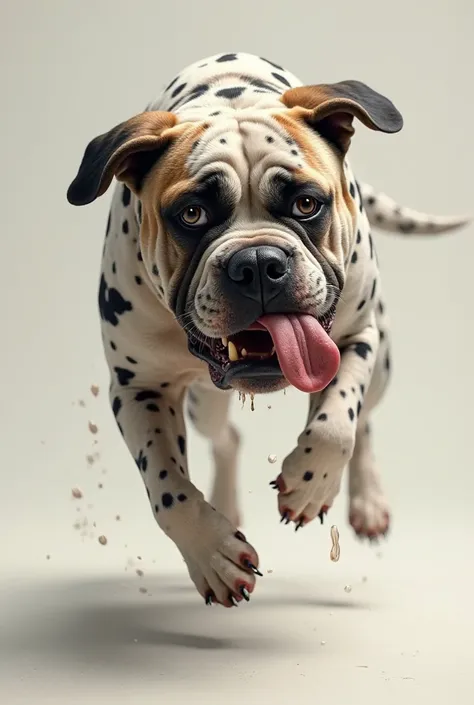 Une image d’une tête dun  Mastiff tacheté vache avec un regard triste, Shot and running away from the screen that sticks out his tongue and drools 