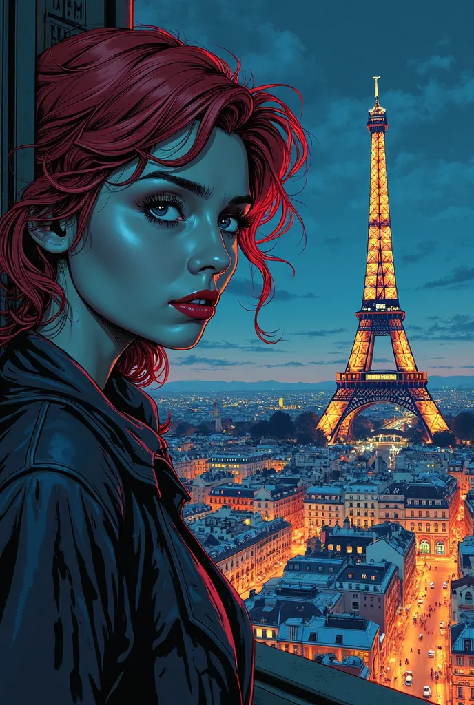 Crie uma página de história em quadrinhos with (((3 panels ))), with  (((a panoramic view of Paris at night))),  detailed colorful portrait,  joshua middleton comic art , comic art Phil Noto ,  beautiful comic art , comic illustration, comic art, comic boo...