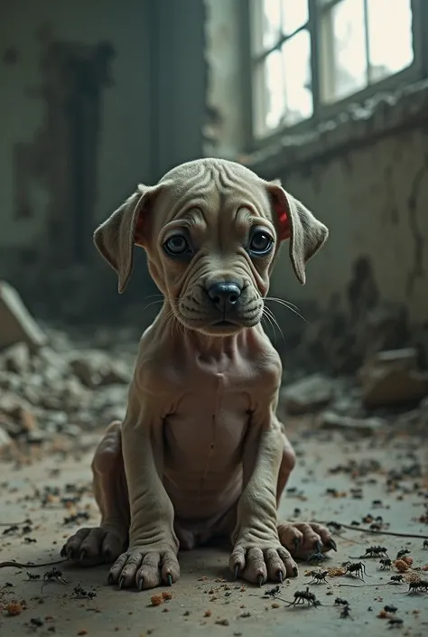 "A hyper-realistic, cinematic close-up of a severely malnourished, hairless puppy sitting alone in the ruins of an abandoned house. Its frail, skeletal body is covered in countless insects—large black ants, cockroaches, and fleas swarming over its wrinkled...