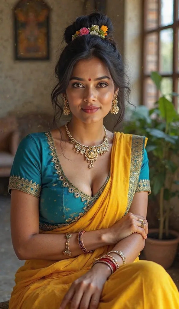 High Resolution, mature Indian milf sitting on table looking at camera, lust in eyes, black hair tied, flowers in head, sandal mark, 8k, highly detailed, photorealistic, healthy body peacock blue color blouse deep cleavage boobs,  yellow saree 