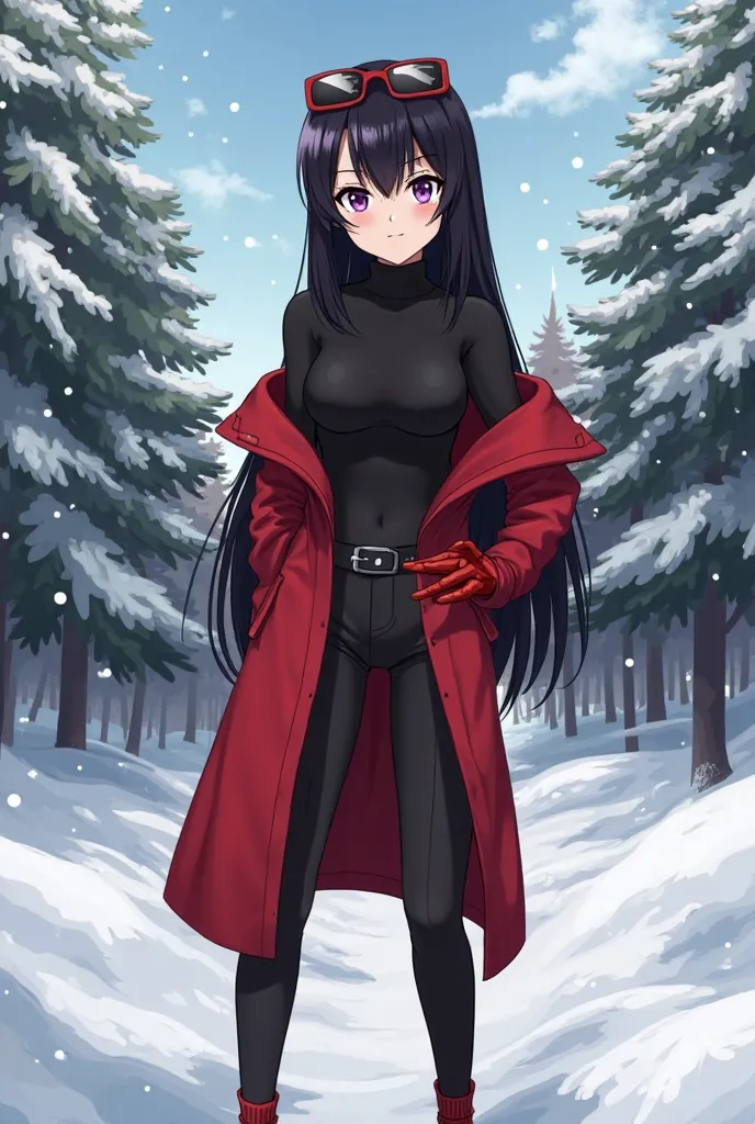 Image of a girl approximately 20 years old, a little adult , height 1.70 ,with pronounced curves, hips and big breasts, light purple eyes, long black hair with bangs with a slightly angry neutral expression , wearing a black outfit with a red tailor long c...