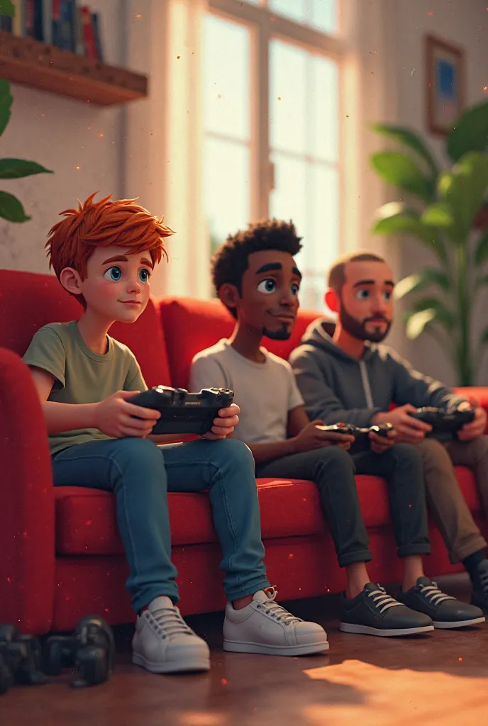 A red-haired boy playing the game sitting on a red couch sitting next to a black guy and a bald guy