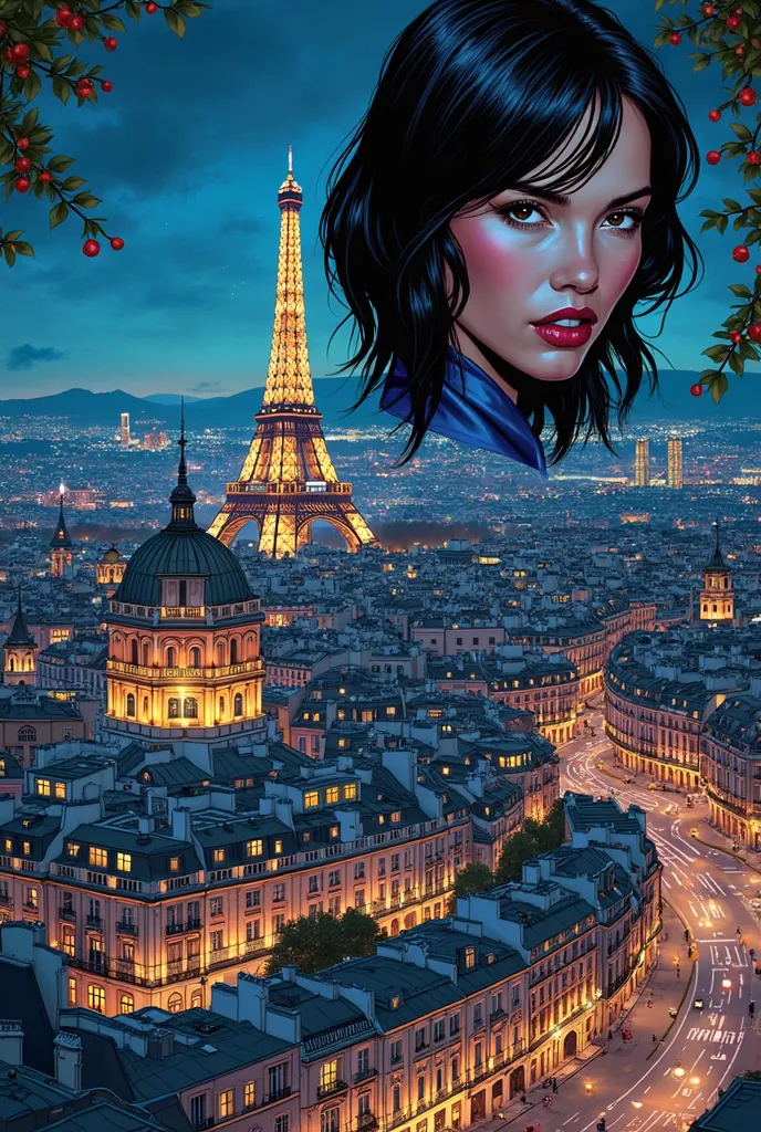 Crie uma página de história em quadrinhos with (((3 panels ))), with  (((a panoramic view of Paris at night))),  detailed colorful portrait,  joshua middleton comic art , beautiful comic art , comic illustration, comic art, comic book illustration, Spread ...