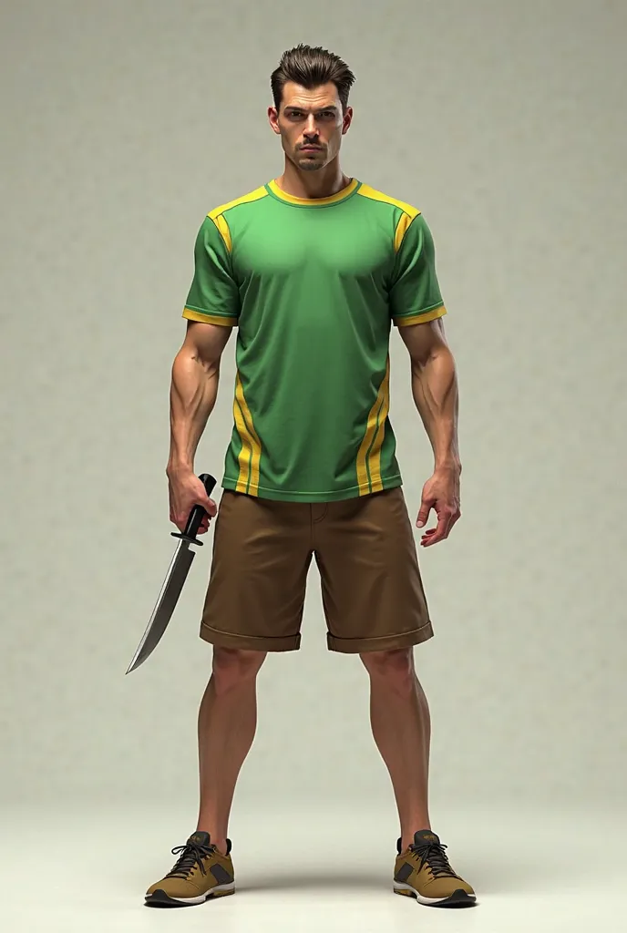 A human  wearing a green, yellow-striped shirt and brown shorts holding a knife