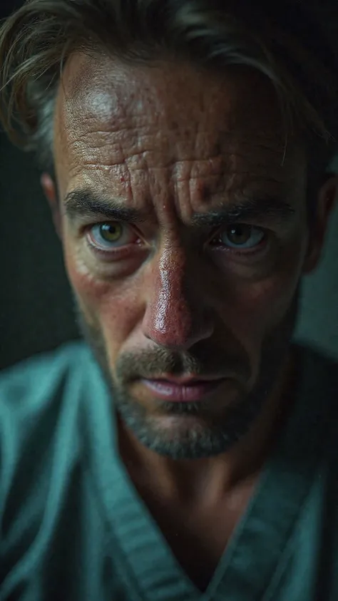 "Close-up of a man's face, with wide eyes and an expression of panic, sweaty and tearful, waiting for a response from the doctor.  The background is blurred , symbolizing the agony of the moment."