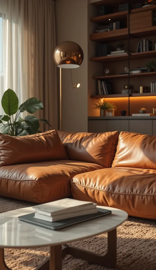 *"A cinematic, ultra-detailed interior shot of a modern luxury living room, filmed on a RED Komodo 6K with a Canon RF 50mm f/1.2 lens, utilizing a shallow depth of field to make the couch the undisputed star of the composition. The plush, caramel-brown lea...