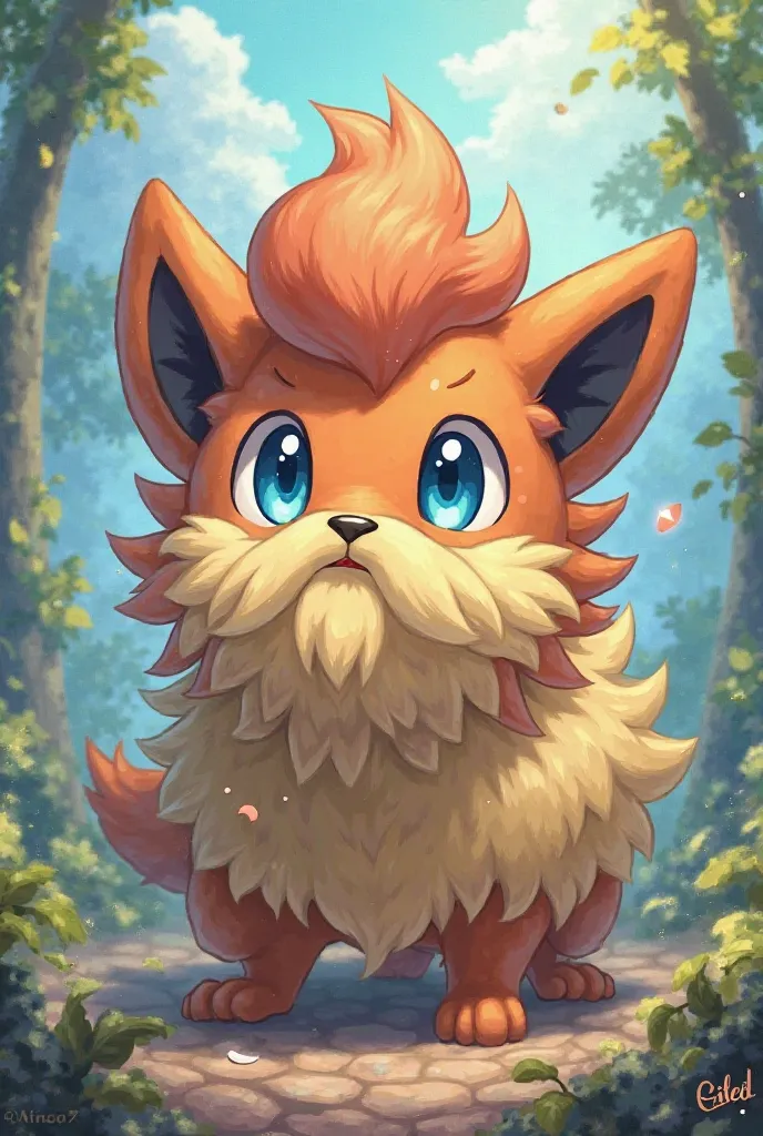 Créer une illustration pour une carte Pokémon. Le pokémon a une barbe, yeux bleus, une crete de cheveux. Il pue mais il est mignon. 