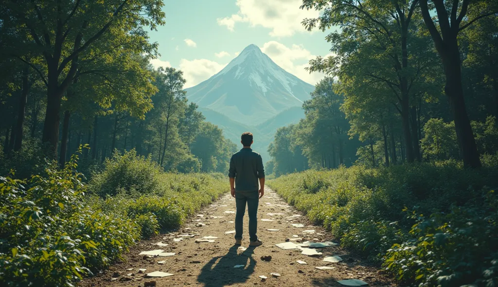 A person standing, looking at two diverging paths in a forest. One path is filled with obstacles and scattered papers, representing procrastination and lack of focus. The other path is clear and well-lit, with a straight line leading to a mountain in the d...