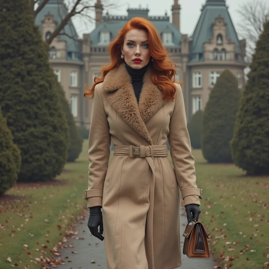 beautiful caucasian woman. she has long dark orange ginger 50s hair and sea blue eyes. she is dressed as woman in the 50s long beige coat with fur collar, gloves, high heels and a mini bag. she has intense small red lips. she is walking arriving at a huge ...