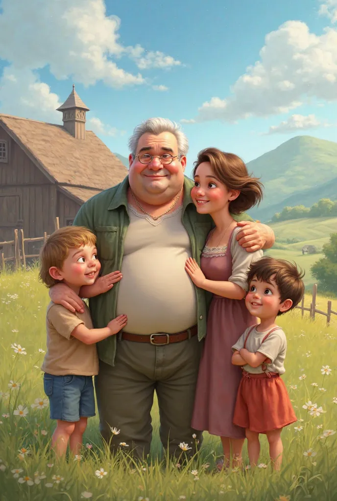 Create an image of a chubby baby with his siblings, one with light brown hair, and a boy on a farm with his bellied grandfather.