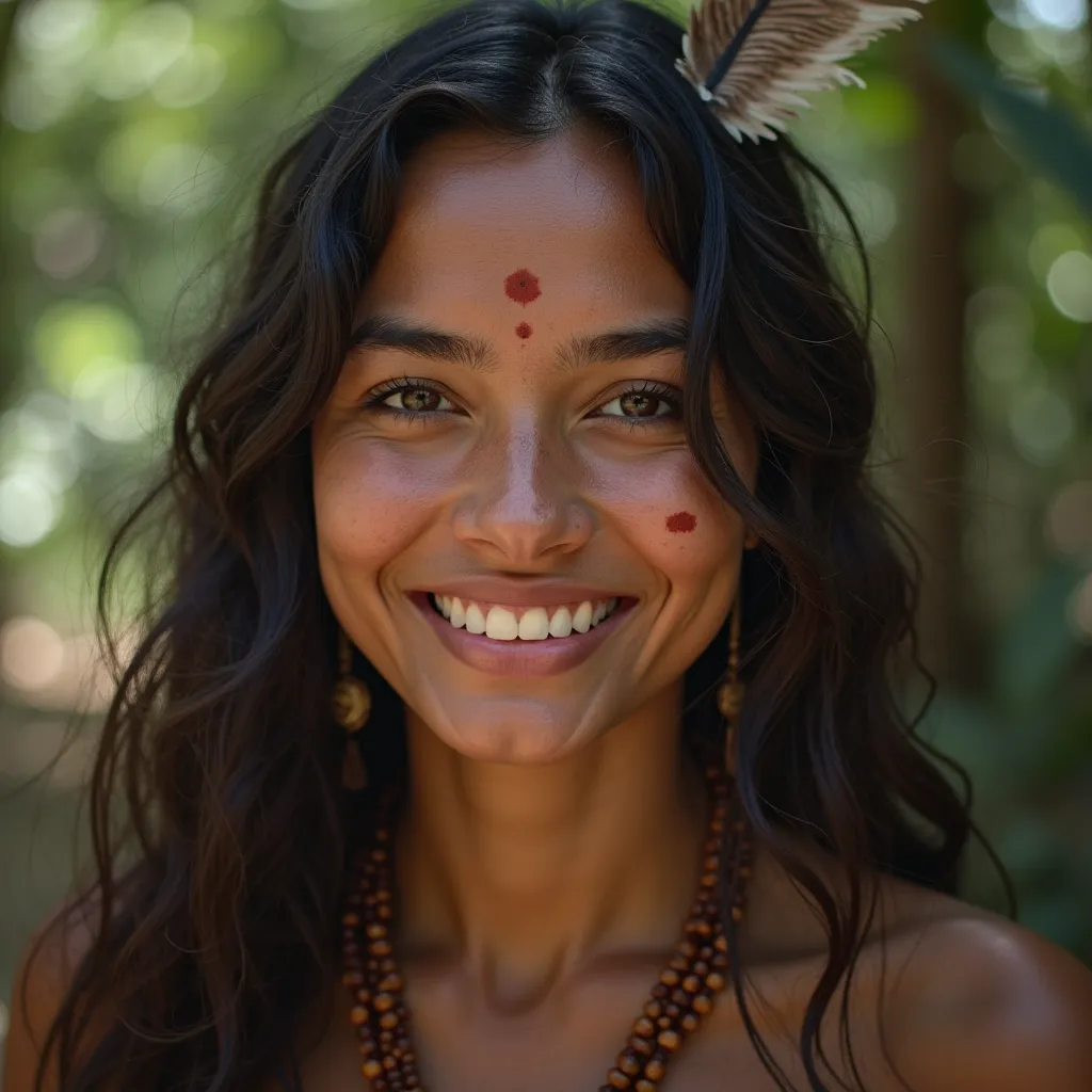 A hyperrealistic, detailed portrait of a 24-year-old Argentinian woman, smiling genuinely. She is subtly disguised as an indigenous person from the Brazilian Amazon. The focus is on absolute photorealism – every detail of her skin texture, hair strands, an...