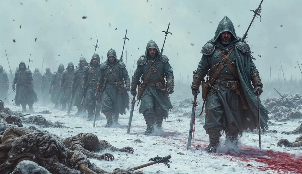 A group of soldiers on a snowy battlefield, with fallen bodies around and bloody swords in their hands.