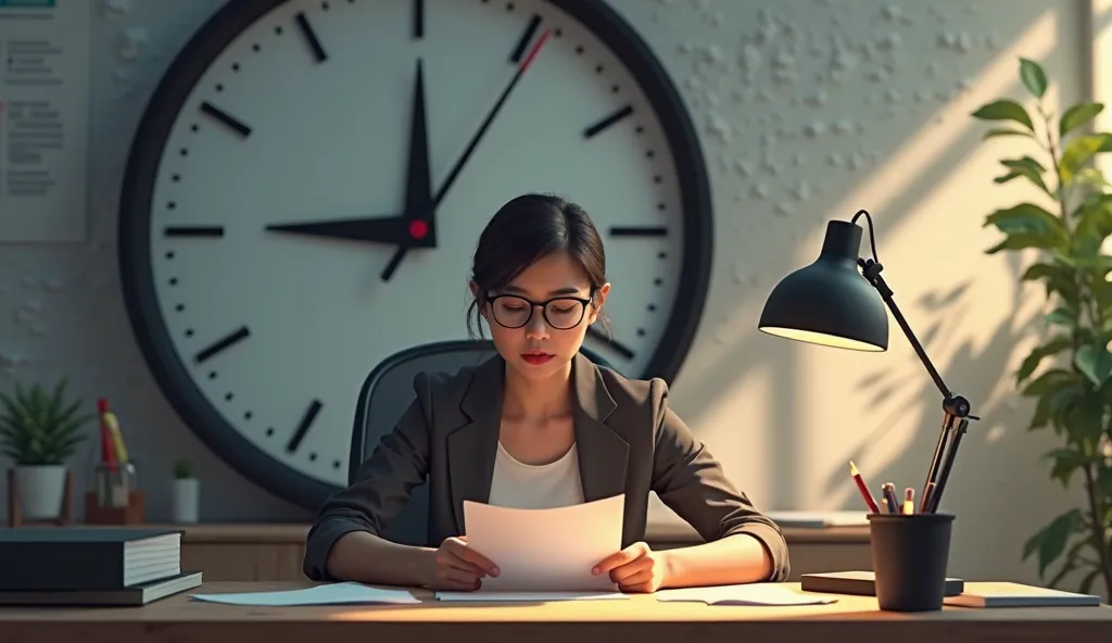 A scene showing a person at a work desk with a giant clock behind them, symbolizing the pressure of time. They are holding a task list, but instead of getting lost in it, they begin to cross off the most important tasks, with an expression of clarity and f...