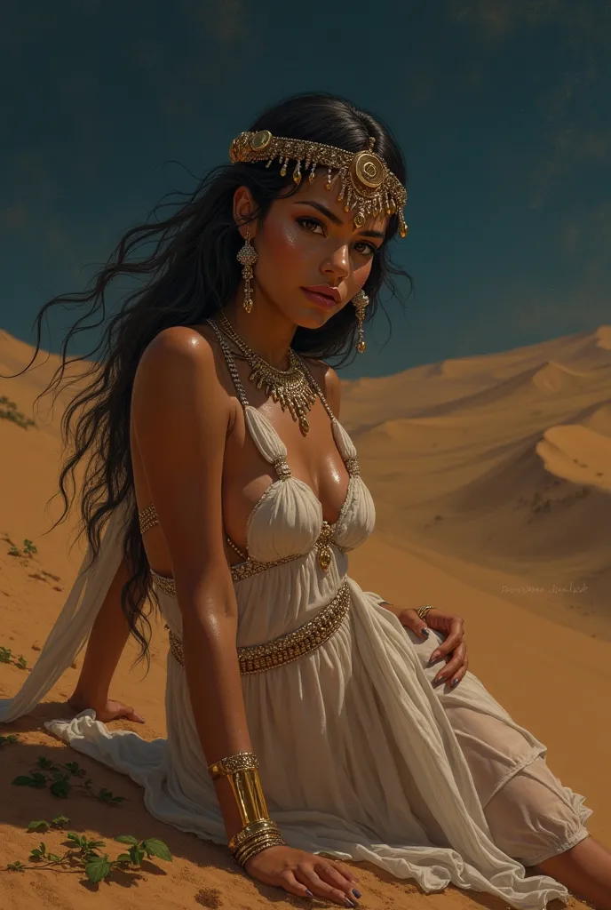 Create me a picture of a young seductive Cleopatra sweating hot horny girl in the dark desert on the sand naked and Greek dress