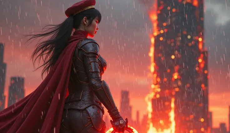 A 22-year-old Korean woman, 168cm tall, with sharp yet feminine features and a striking, sexy presence, stands facing a burning skyscraper, cyberpunk anime style. She wears a warrior's armor, a blend of futuristic techwear and traditional battle gear, with...