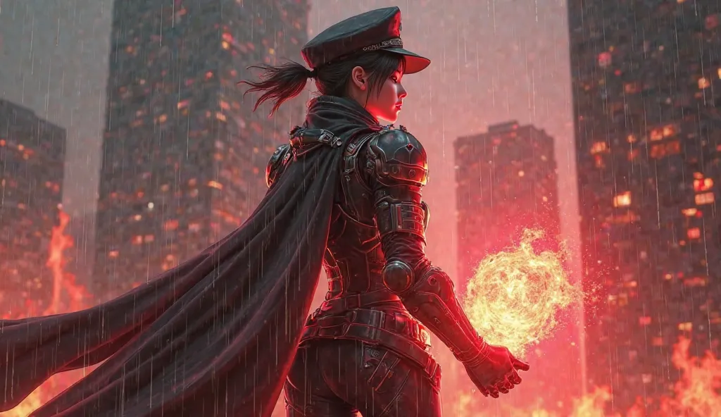 A 22-year-old Korean woman, 168cm tall, with sharp yet feminine features and a striking, sexy presence, stands facing a burning skyscraper, cyberpunk anime style. She wears a warrior's armor, a blend of futuristic techwear and traditional battle gear, with...