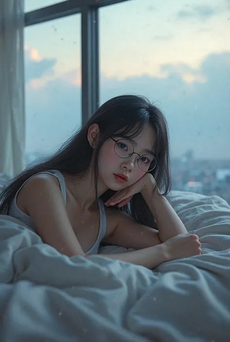 Realistic girl with dark hair in transparent glasses lies on the bed, early morning and cloudy weather outside the panoramic window 